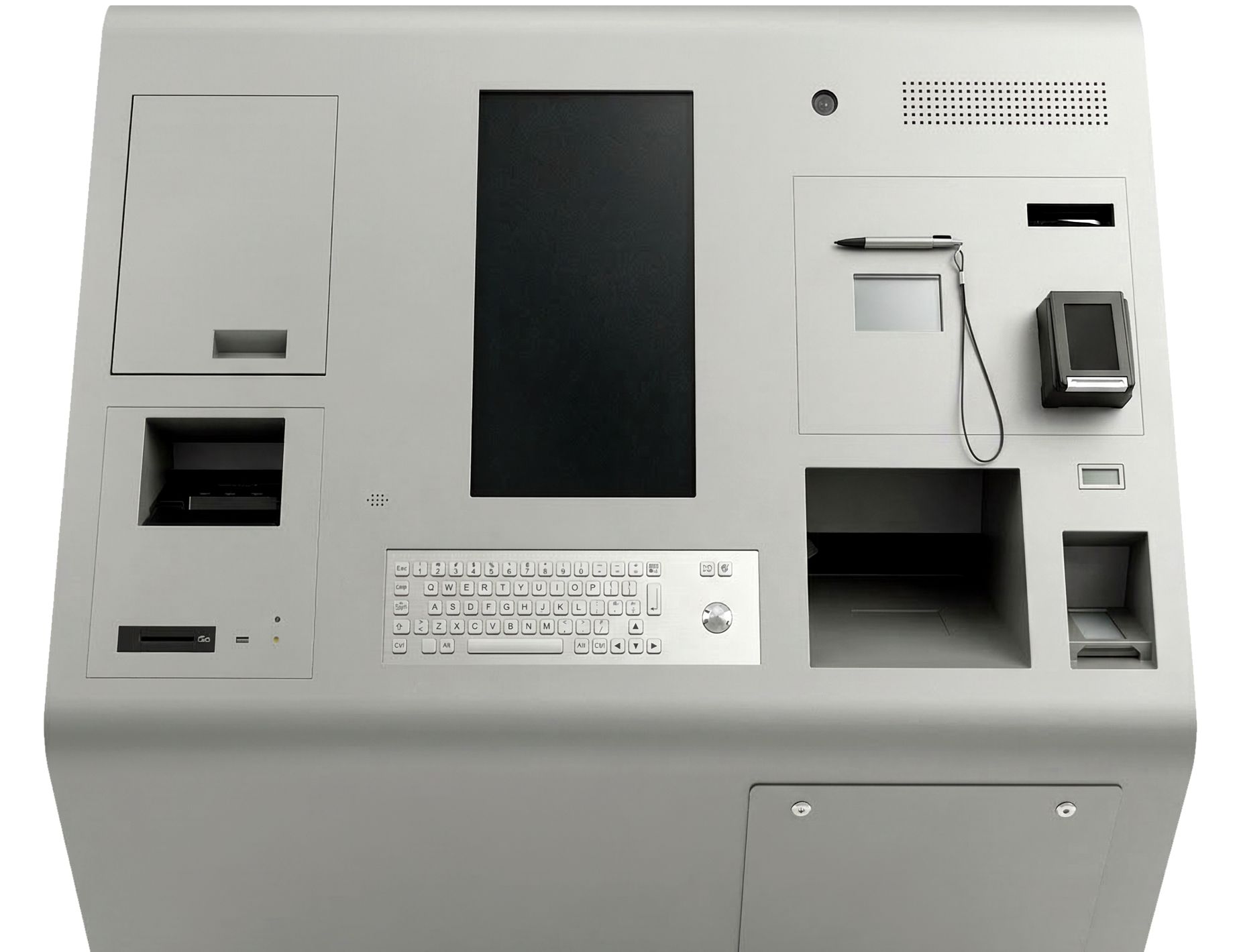 Puesto integral de atención equipado con pantalla, teclado, lector y espacios para documentación